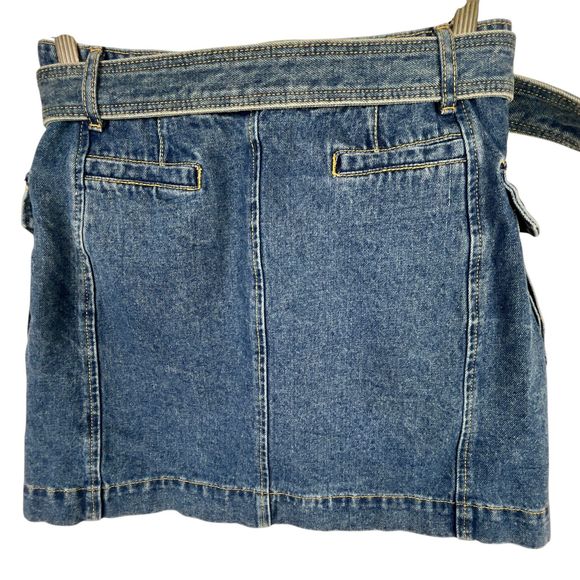 Pixie Market AR Denim Cargo Pocket Mini Skirt Sz S Blue Belted A-Line Y2K - Picture 8 of 12